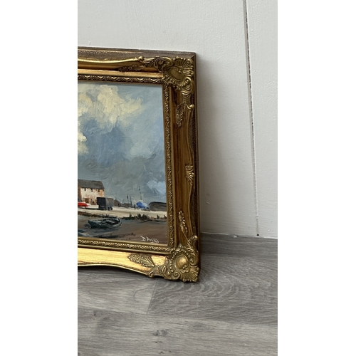 231 - Two mid/late 20th century gilt framed nautical oils on board, signed D. Pring - approx. 37cm high x ... 