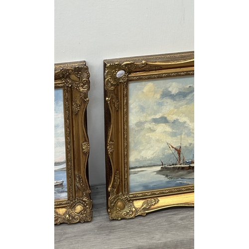 231 - Two mid/late 20th century gilt framed nautical oils on board, signed D. Pring - approx. 37cm high x ... 