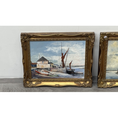 231 - Two mid/late 20th century gilt framed nautical oils on board, signed D. Pring - approx. 37cm high x ... 