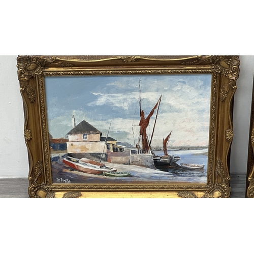 231 - Two mid/late 20th century gilt framed nautical oils on board, signed D. Pring - approx. 37cm high x ... 