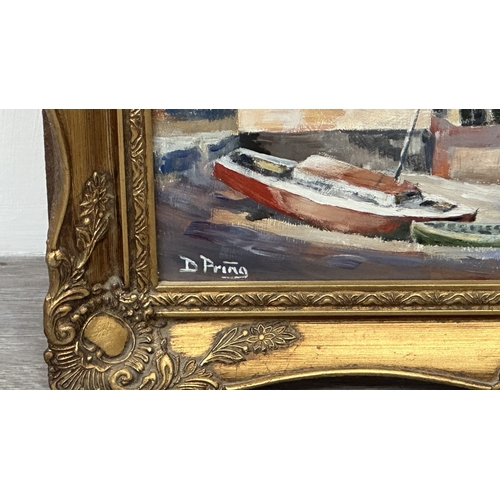 231 - Two mid/late 20th century gilt framed nautical oils on board, signed D. Pring - approx. 37cm high x ... 