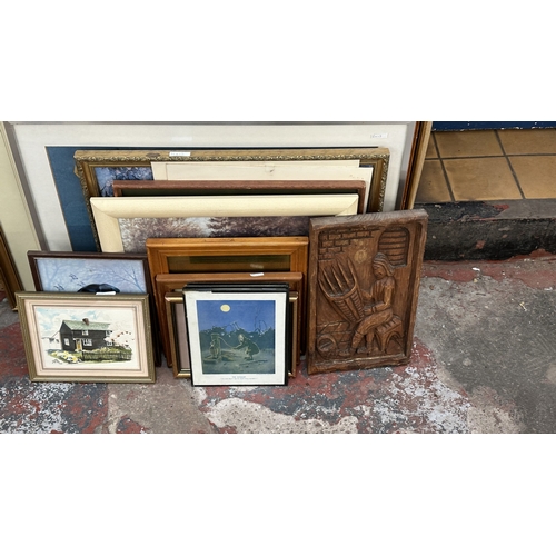 244 - Seventeen pictures and wall hangings to include carved hardwood, three Bruce Bairnsfather prints, Ma... 