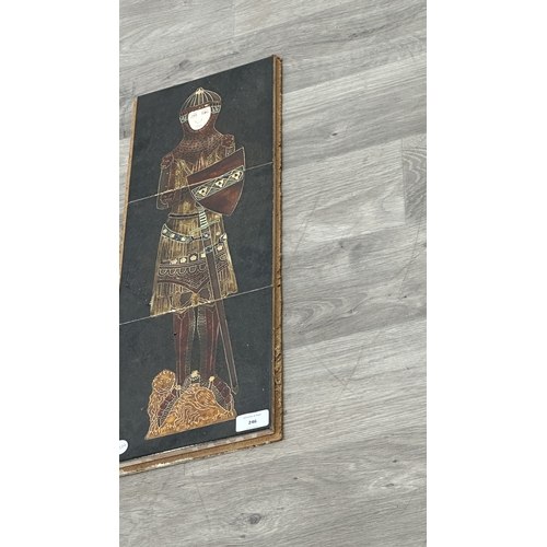 246 - A set of three Maw & Co. 'The Norman Knight' majolica tiles - approx. 62cm high x 22cm wide
