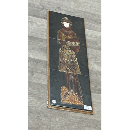 246 - A set of three Maw & Co. 'The Norman Knight' majolica tiles - approx. 62cm high x 22cm wide