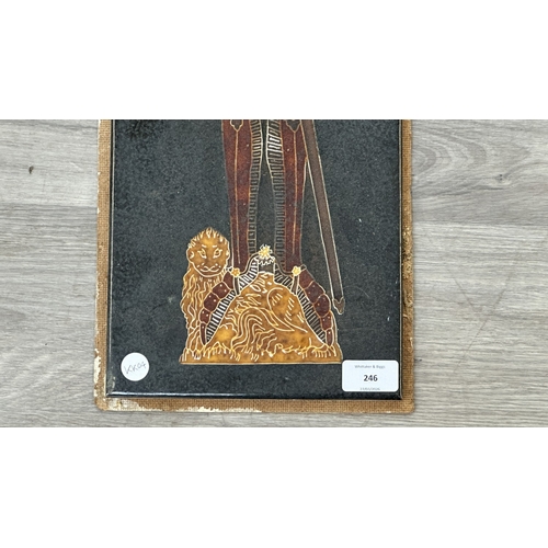 246 - A set of three Maw & Co. 'The Norman Knight' majolica tiles - approx. 62cm high x 22cm wide