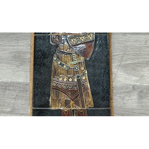 246 - A set of three Maw & Co. 'The Norman Knight' majolica tiles - approx. 62cm high x 22cm wide