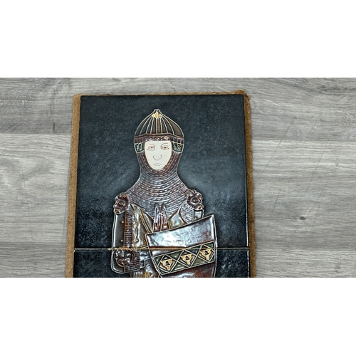 246 - A set of three Maw & Co. 'The Norman Knight' majolica tiles - approx. 62cm high x 22cm wide