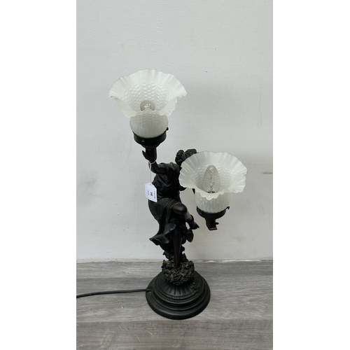 248 - A Widdop Bingham & Co. Ltd. Art Nouveau style bronzed resin figural table lamp with two glass shades... 