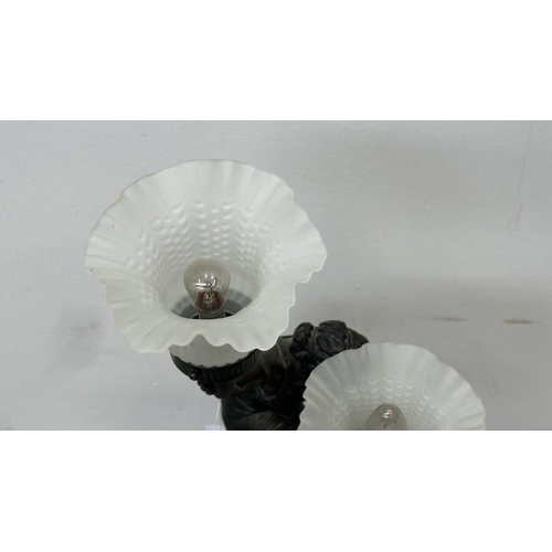 248 - A Widdop Bingham & Co. Ltd. Art Nouveau style bronzed resin figural table lamp with two glass shades... 