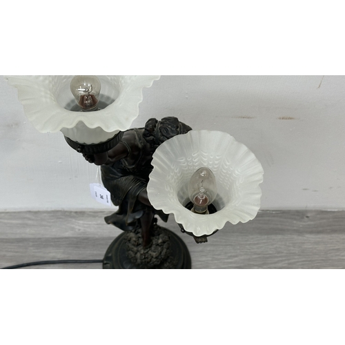 248 - A Widdop Bingham & Co. Ltd. Art Nouveau style bronzed resin figural table lamp with two glass shades... 