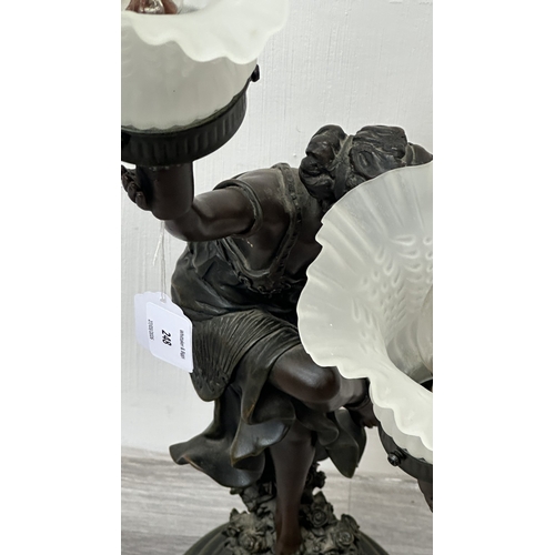 248 - A Widdop Bingham & Co. Ltd. Art Nouveau style bronzed resin figural table lamp with two glass shades... 