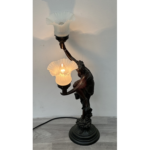 248 - A Widdop Bingham & Co. Ltd. Art Nouveau style bronzed resin figural table lamp with two glass shades... 