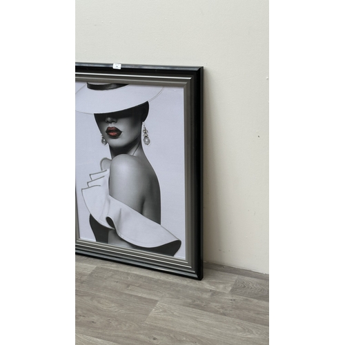 254 - A Milan03 liquid glitter portrait print, titled 'Red Lips and Pearls' - approx. 95cm high x 74cm wid... 