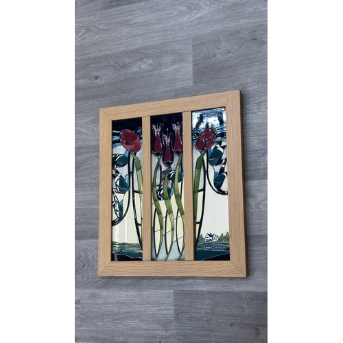 266 - A framed Moorcroft Blackwell pattern triptych wall plaque - approx. 49cm high x 43cm wide