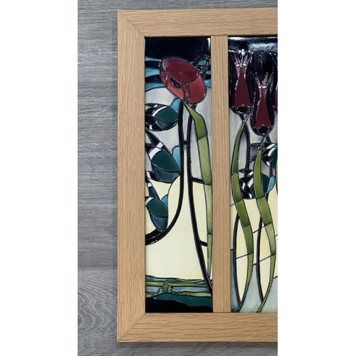266 - A framed Moorcroft Blackwell pattern triptych wall plaque - approx. 49cm high x 43cm wide