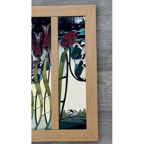 266 - A framed Moorcroft Blackwell pattern triptych wall plaque - approx. 49cm high x 43cm wide