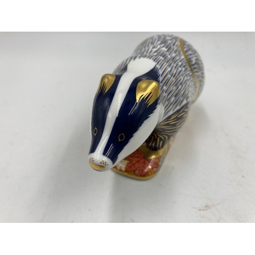 304 - A Royal Crown Derby 'Woodland Badger' paperweight with gold stopper - approx. 7cm high x 15.5cm long
