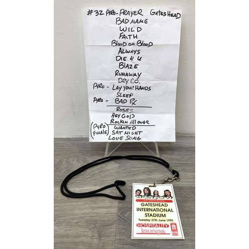106 - Two items: one hospitality lounge pass with lanyard and an original stage setlist from Bon Jovi's co... 