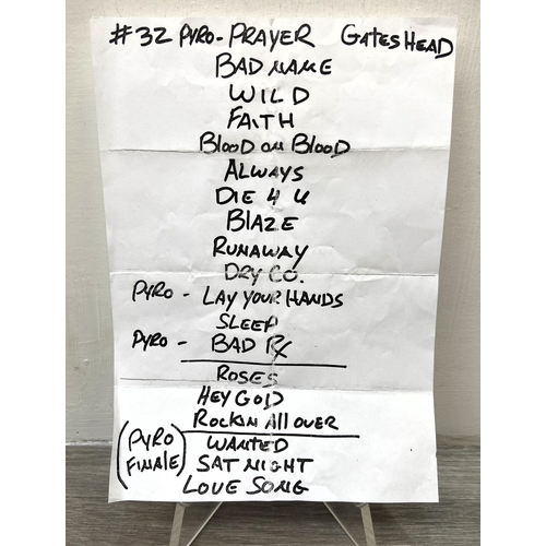 106 - Two items: one hospitality lounge pass with lanyard and an original stage setlist from Bon Jovi's co... 