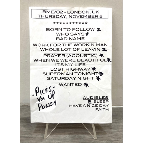 108 - An original stage setlist for Bon Jovi's concert at The O2 Arena in London on Thursday, 5th November... 