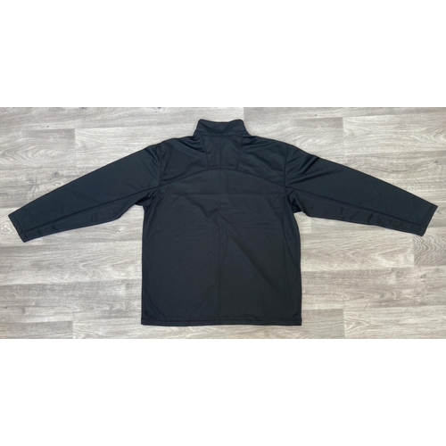 34 - Two items: one black Dickies short-sleeve work shirt featuring an embroidered Bon Jovi logo above th... 