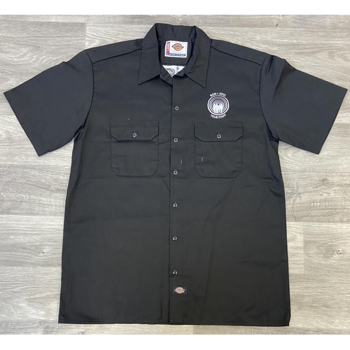 34 - Two items: one black Dickies short-sleeve work shirt featuring an embroidered Bon Jovi logo above th... 