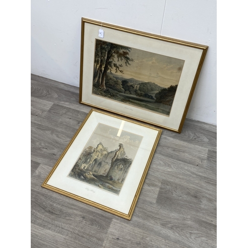 281 - Two 19th century gilt framed lithographs, one titled 'Netley Abbey' and one titled 'Furness Abbey' -... 