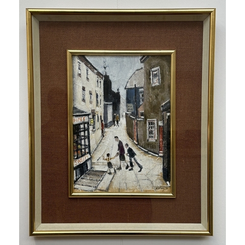 A Harold Riley (1934-2023) impasto oil on board, depicting figures walking towards a local corner shop with signage for 'PIPES' and 'SWEETS' set against a backdrop with prominent church tower, believed to be St Thomas' church in Pendleton, Salford (known by locals as 'Pengy Church), signed and dated '73 to the lower right - frame approx. 56cm high x 46cm wide and painting approx. 34cm high x 25cm wide
