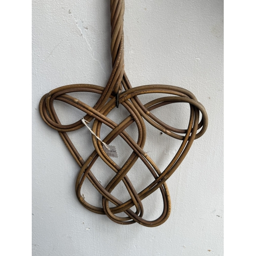 113 - Six wicker items, one carpet beater and five hanging baskets - approx. largest 65cm high x 62cm wide... 