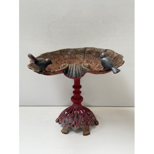 123 - A Victorian style red painted cast iron bird bath - approx. 37cm high x 39cm wide x 31cm deep