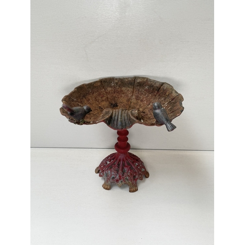 123 - A Victorian style red painted cast iron bird bath - approx. 37cm high x 39cm wide x 31cm deep