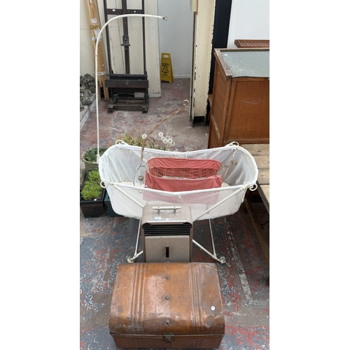 127 - Four items, one early 20th century brown painted metal travel trunk, one mid 20th century Aladdin pa... 