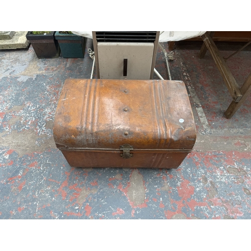 127 - Four items, one early 20th century brown painted metal travel trunk, one mid 20th century Aladdin pa... 