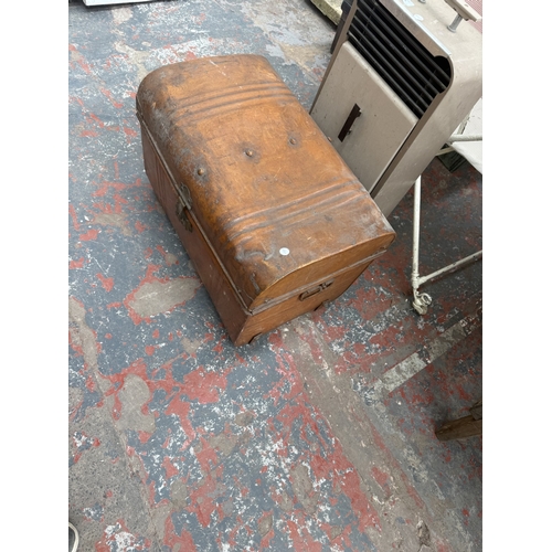 127 - Four items, one early 20th century brown painted metal travel trunk, one mid 20th century Aladdin pa... 