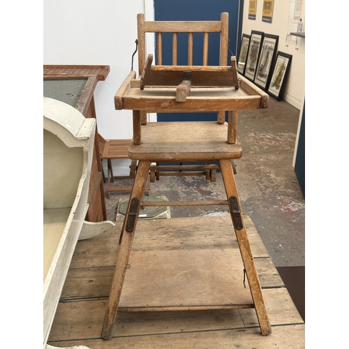128 - Three pieces of furniture, one mid 20th century beech child's school desk, one antique white painted... 