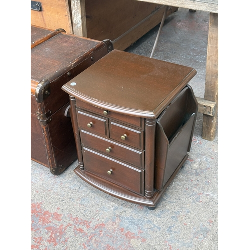 131 - Two pieces of furniture, one early 20th century brown painted and wooden banded travel trunk and one... 