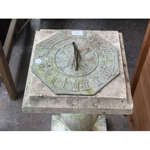 133 - A 19th century style cast stone sundial with metal top - approx. 76cm high x 32cm wide x 32cm deep