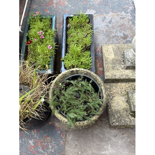 135 - Seven garden planters, one cast stone and six glazed - largest approx. 31cm high x 40cm wide x 40cm ... 