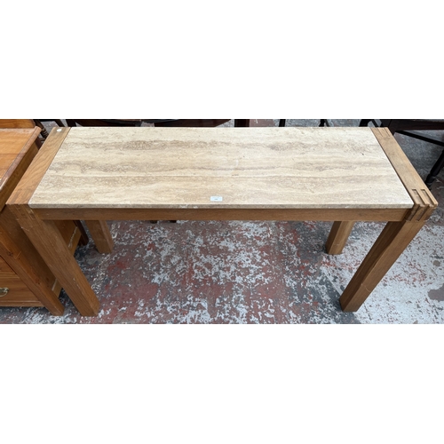 144 - A modern oak and tessellated stone console table - approx. 75cm high x 136cm wide x 46cm deep