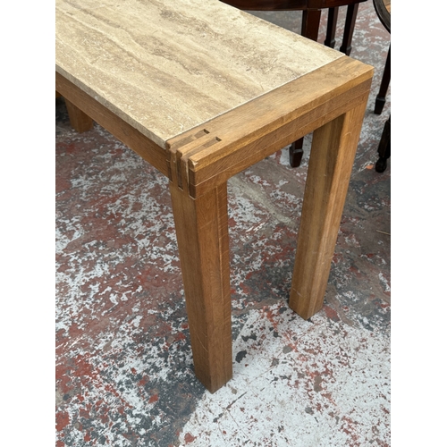 144 - A modern oak and tessellated stone console table - approx. 75cm high x 136cm wide x 46cm deep