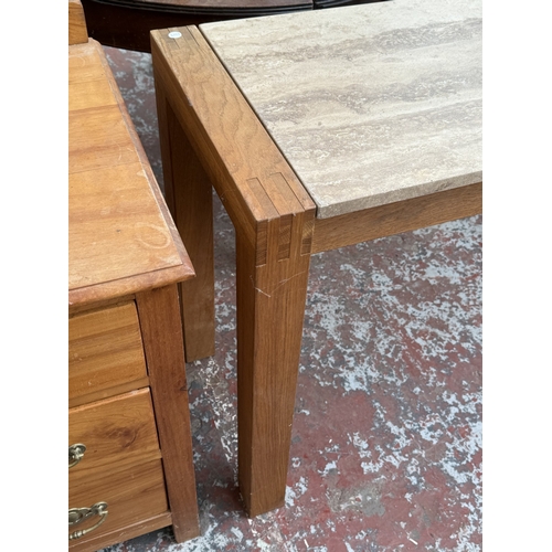 144 - A modern oak and tessellated stone console table - approx. 75cm high x 136cm wide x 46cm deep