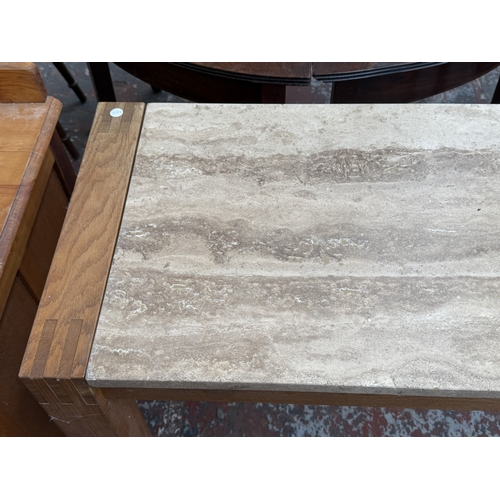 144 - A modern oak and tessellated stone console table - approx. 75cm high x 136cm wide x 46cm deep
