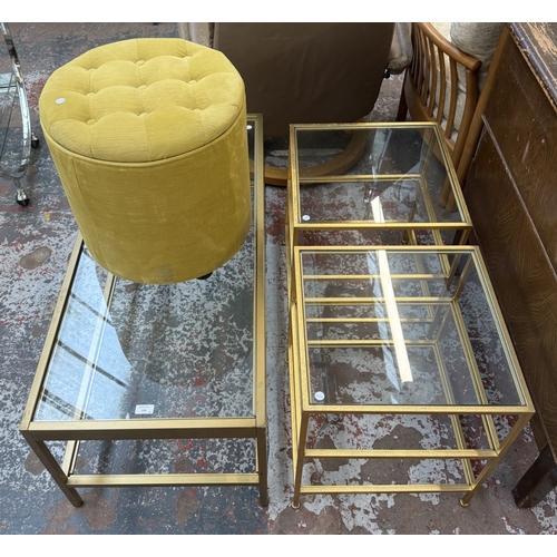 151 - Four pieces of furniture, two gilt metal and glass side tables - approx. 51cm high x 45cm square, on... 