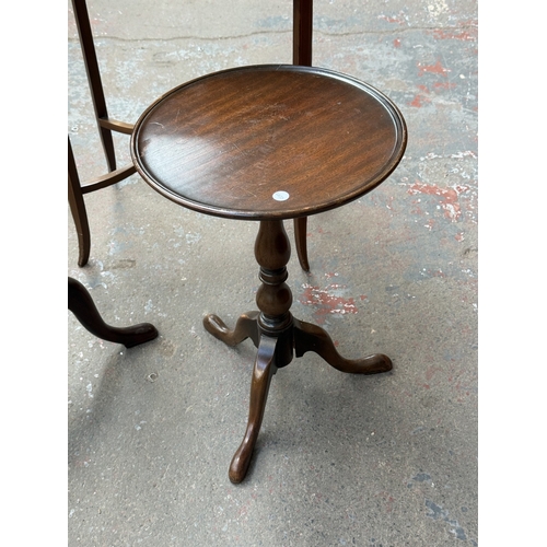 157 - Three mahogany side tables, one Edwardian inlaid oval and two circular tripod - largest approx. 67cm... 