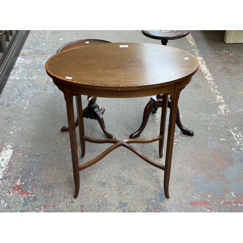 157 - Three mahogany side tables, one Edwardian inlaid oval and two circular tripod - largest approx. 67cm... 