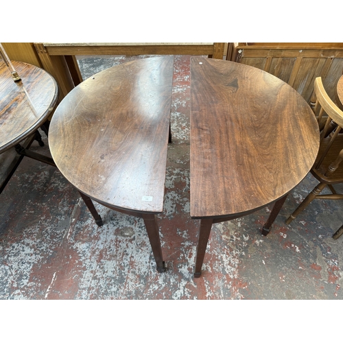 158 - Two Georgian inlaid mahogany D-end tables - approx. 71cm high x 121cm wide x 59cm deep