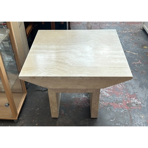 161 - A travertine and gilt metal square side table - approx. 56.5cm high x 70cm square
