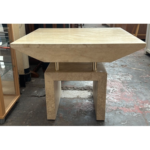 161 - A travertine and gilt metal square side table - approx. 56.5cm high x 70cm square