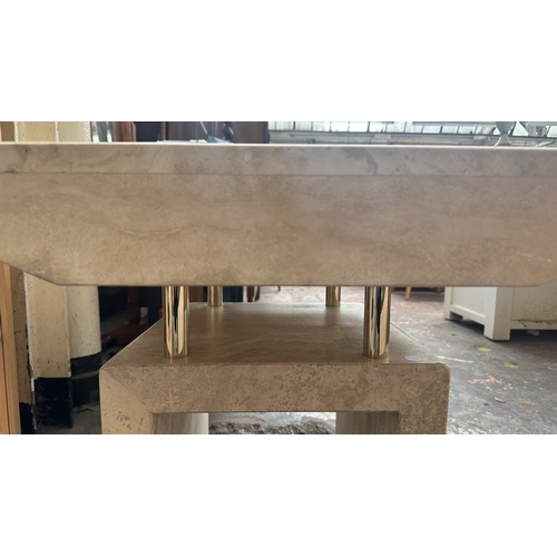 161 - A travertine and gilt metal square side table - approx. 56.5cm high x 70cm square