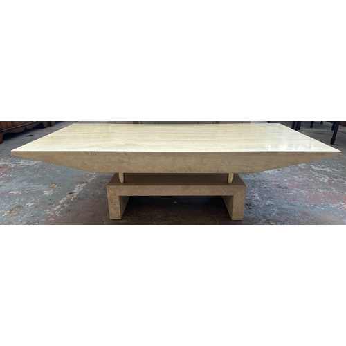 162 - A travertine and gilt metal rectangular coffee table - approx. 40cm high x 70cm wide x 140cm long